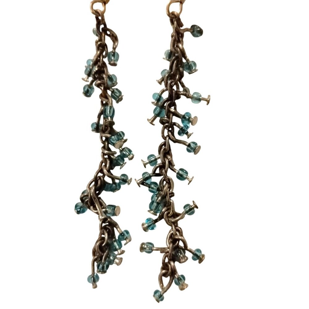 Chain Dangle Earrings Blue Aqua Glass Beads Unique Artisan